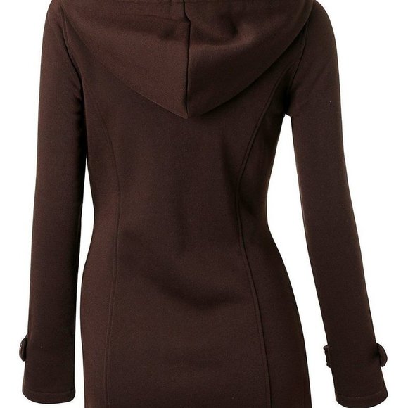 Pea Coat Jacket Brown Hood Toggles& Zipper Pockets - Picture 3 of 16